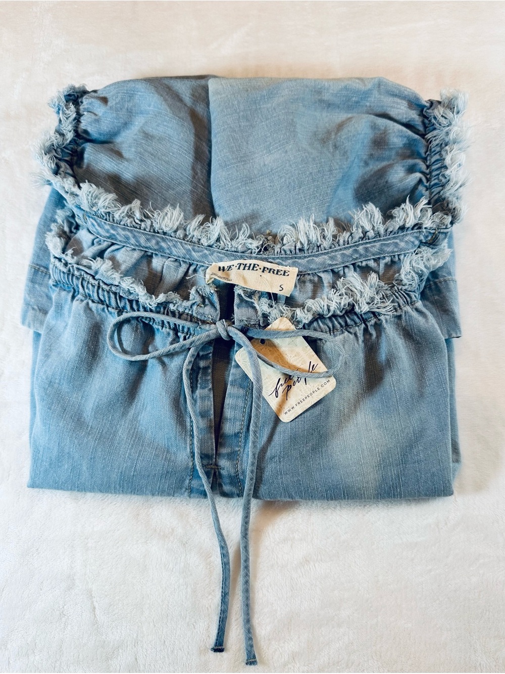 Free People Blue Denim Baby-Doll Distressed Romper With Pockets Women’s S NEW!